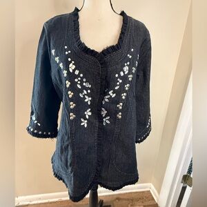 Denim 24/7 burnout black denim jacket embellished fringe plus SZ 16W